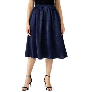 Haute Monde Navy Blue Satin Midi Skirt Elastic Waist Lined Shiny A-Line Size S